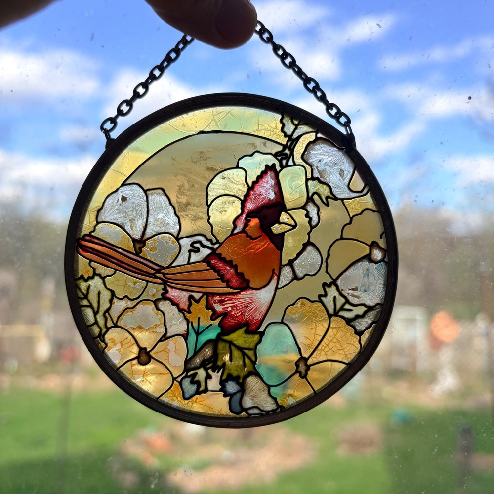 Vintage Cardinal Stained Glass Suncatcher Round Bird Window Hanging Decor 4.25"